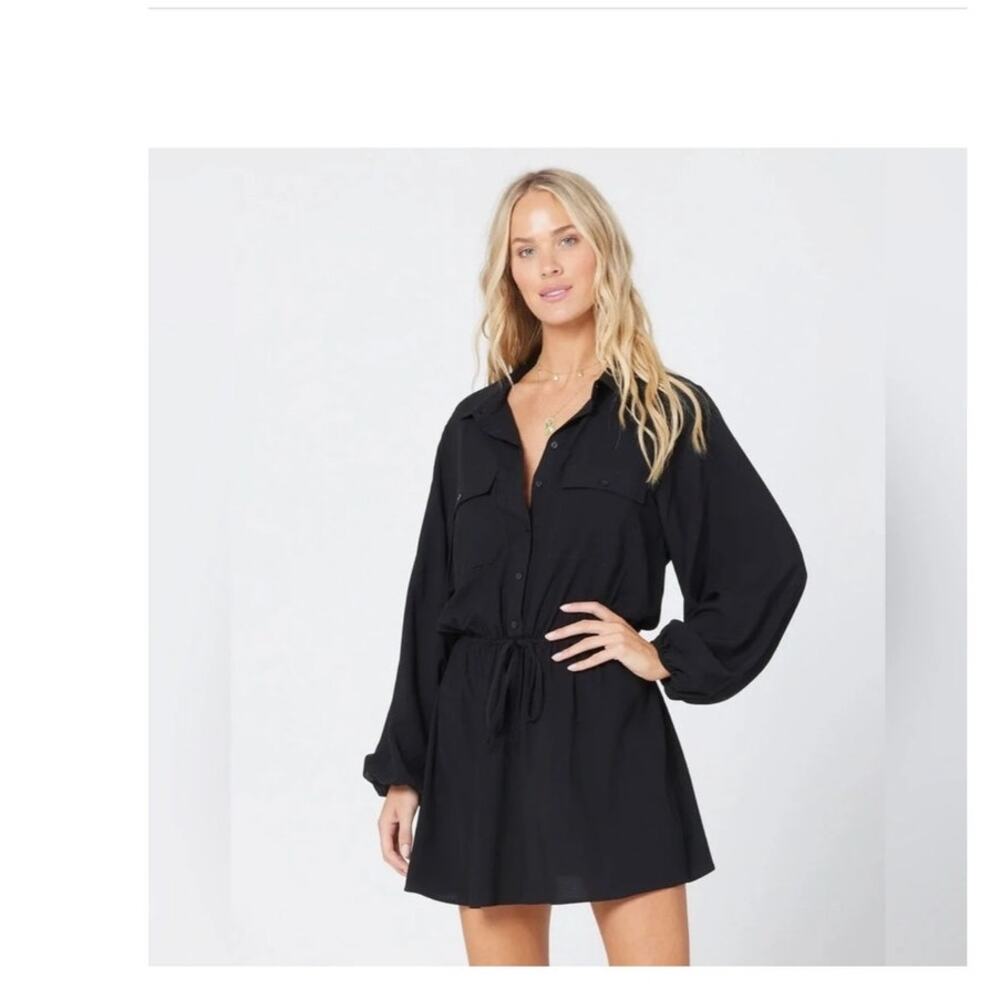 L*SPACE Black Amelia Dress Elastic Waist Button Down Long Sleeve Mini Black L